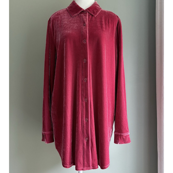 Soft Surroundings Velvet Boyfriend Tunic Button Up Shirt Garnet Red Cozy Luxe L - Picture 6 of 16